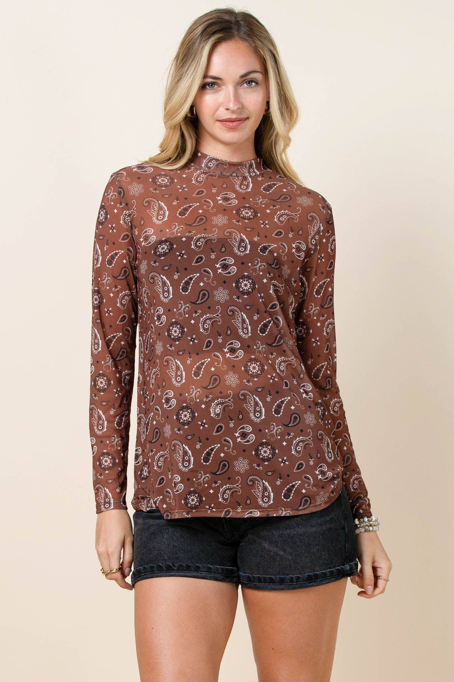 AV1230-EDITH BANDANA PRINT SEMI SHEER MESH TOP