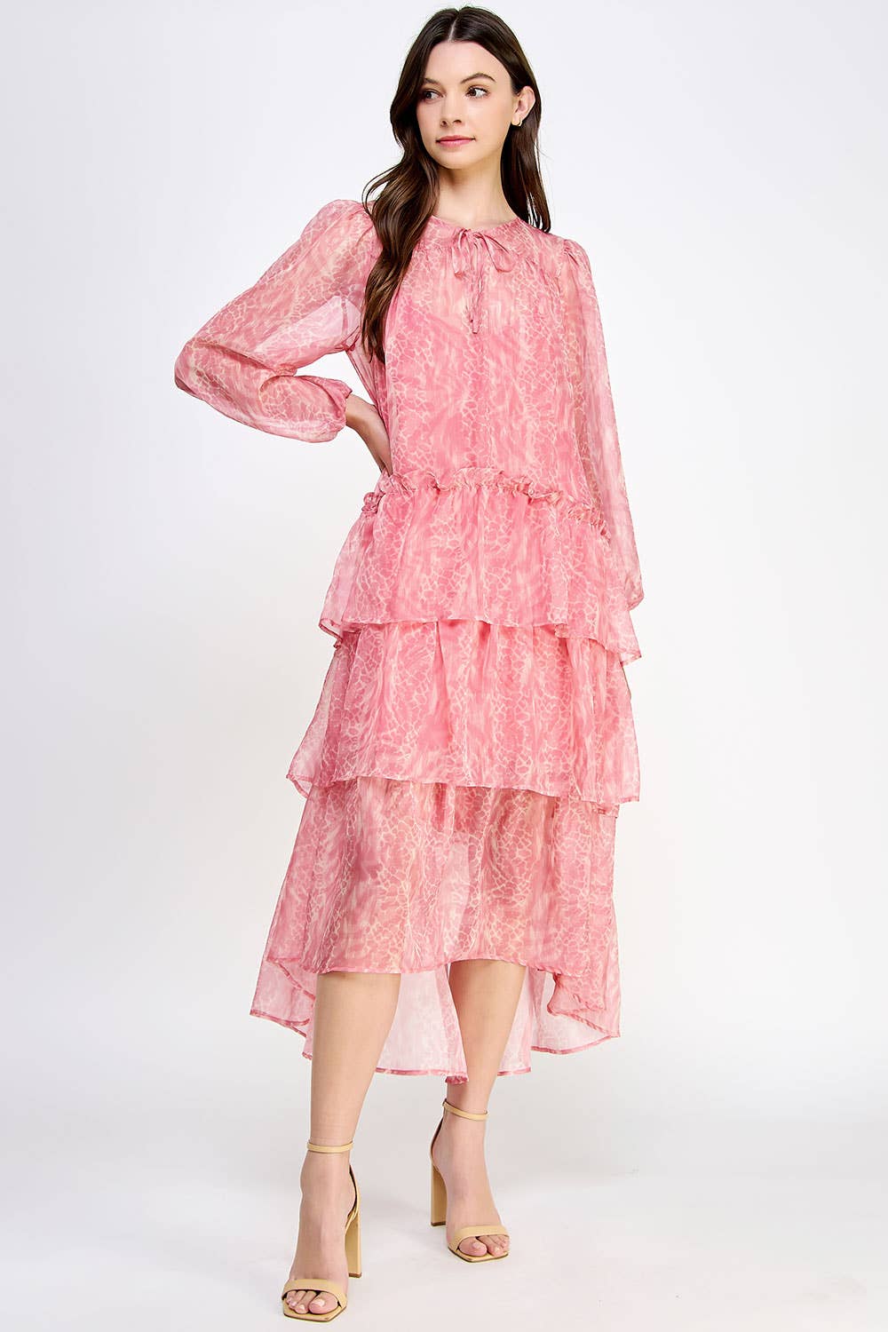 Tiered Long Sleeve Print Midi Dress