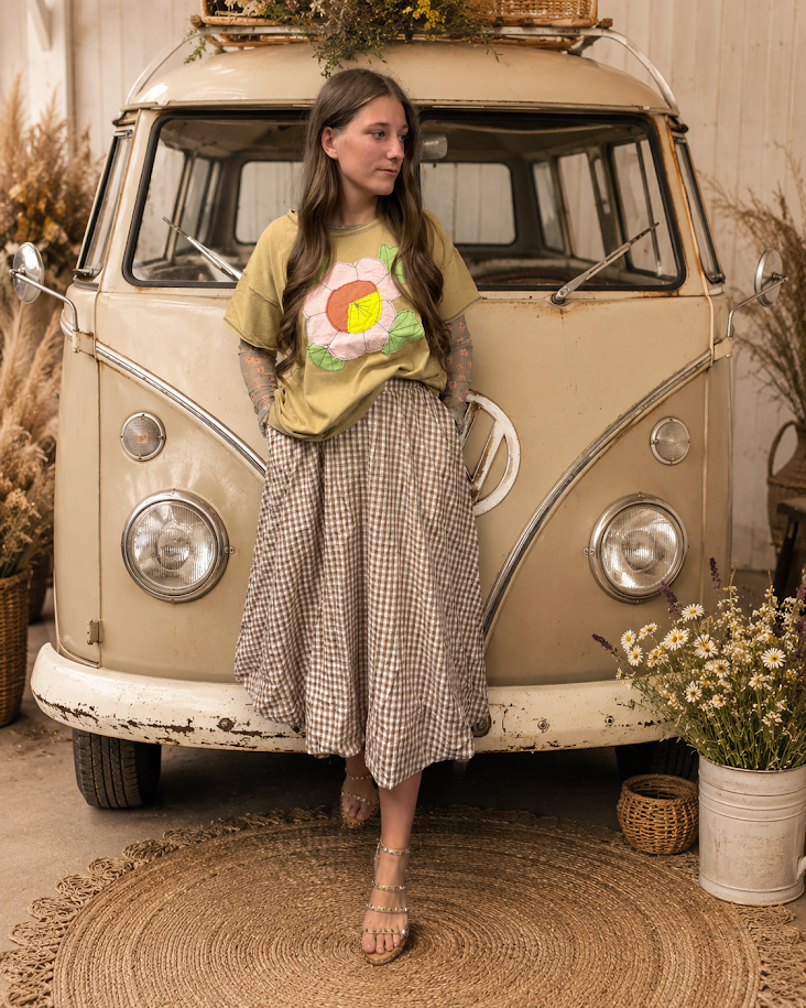 FADED OLIVE FLOWER PATCH MINERAL WASHED KNIT TOP