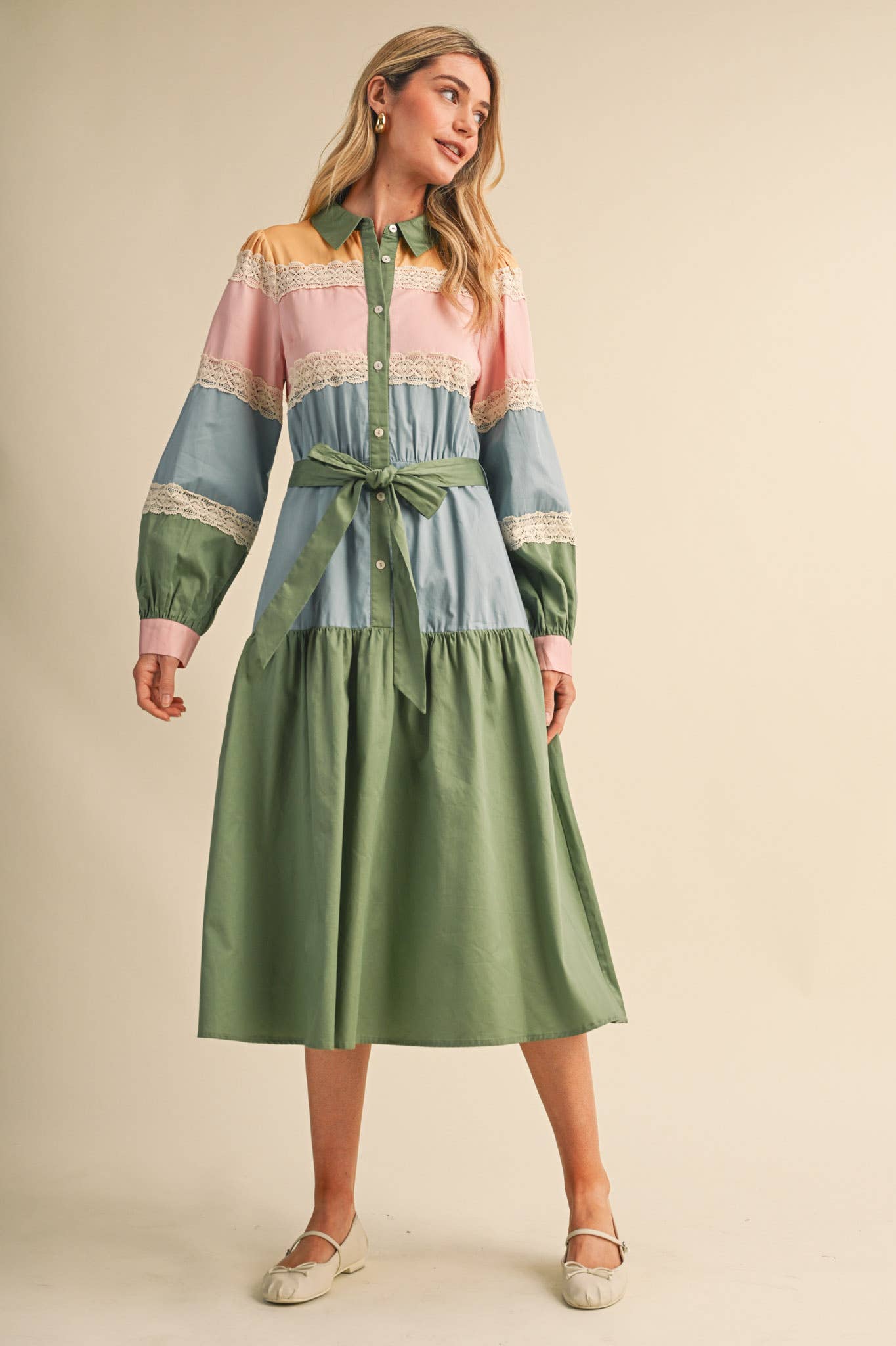 TIERED COLOR BLOCK LACE TRIM BUTTON UP MIDI DRESS MDR5266