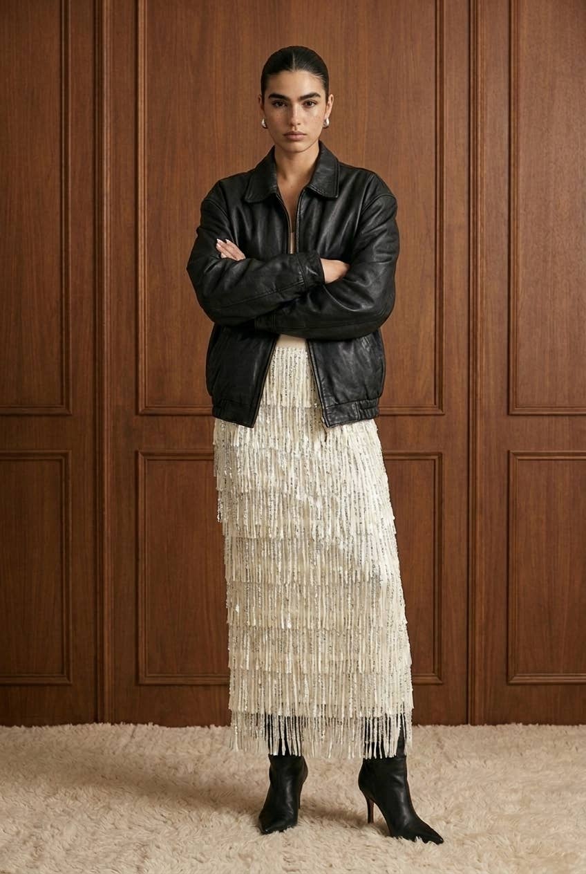 Tiered Sequin Fringe Column Skirt