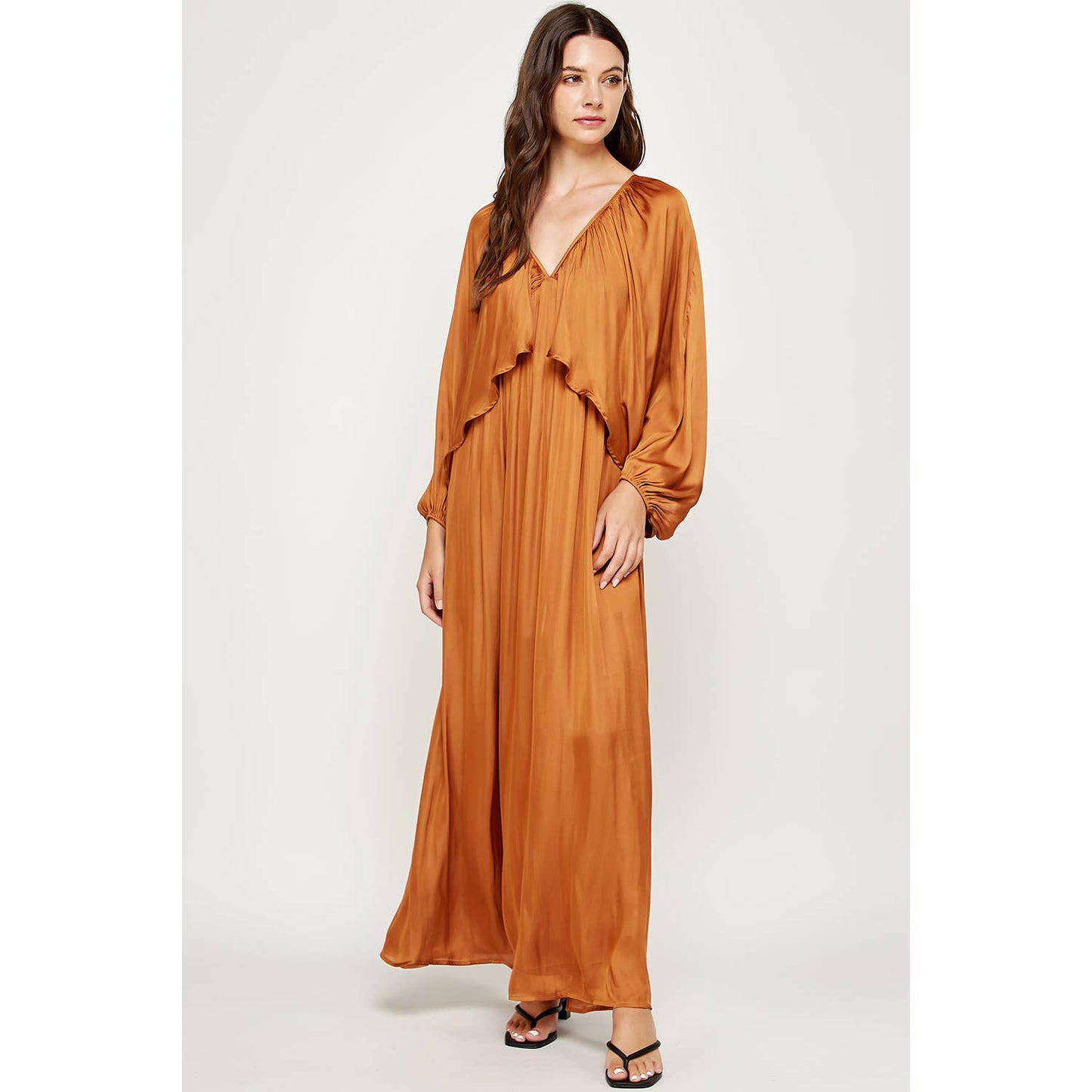 Shirred Satin Balloon Sleeve Maxi Dress