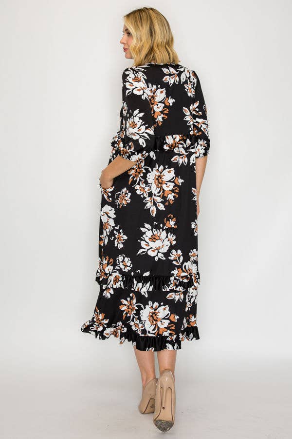 PLUS SIZE TIERED RUFFLE MIDI DRESS WITH SIDE POCKETS