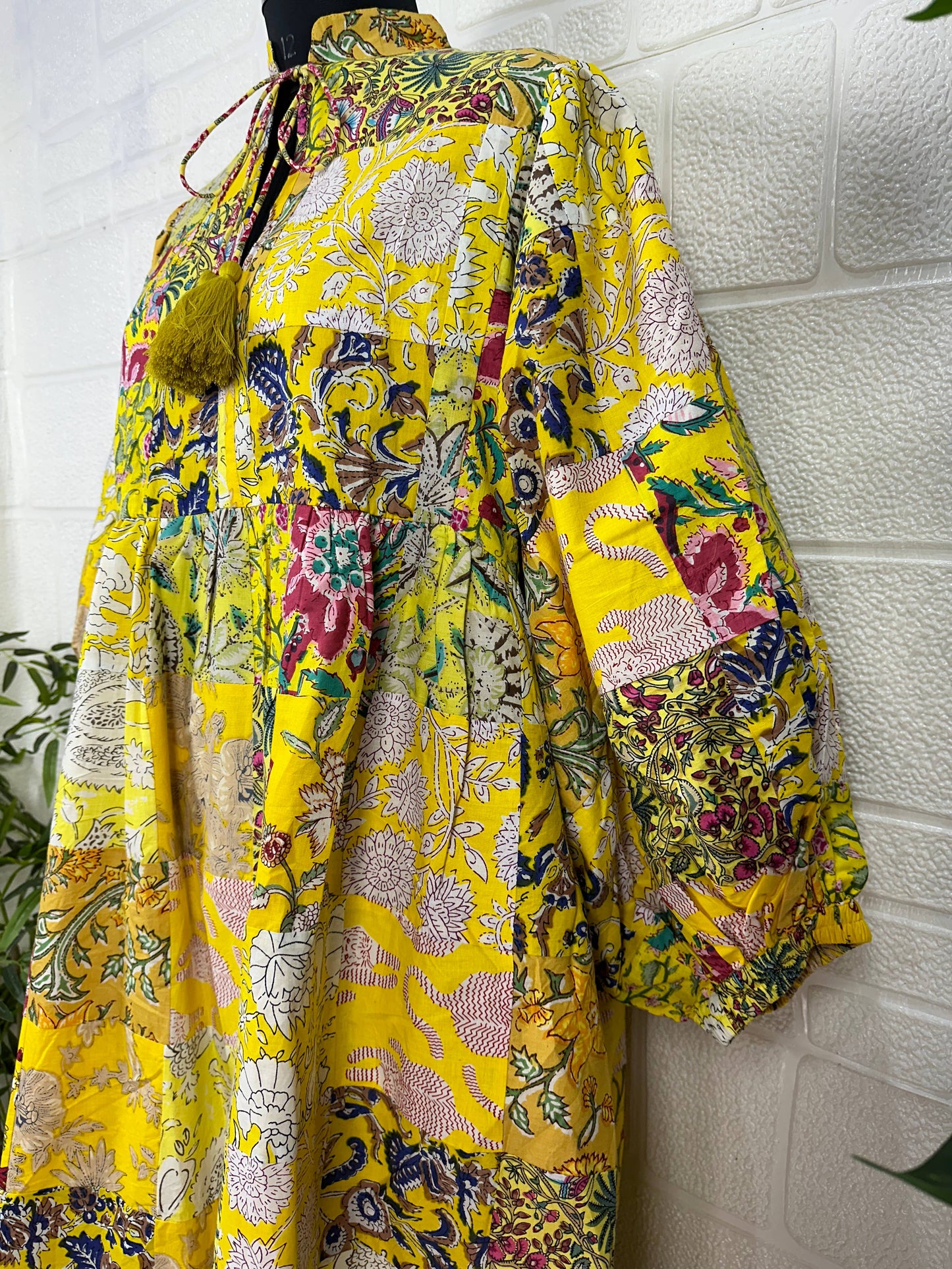 YELLOW SHADES- Hand Patchwork Cotton Dress OneSize