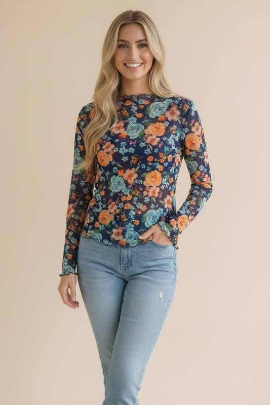 High Neck Sleeve Floral Mesh Top