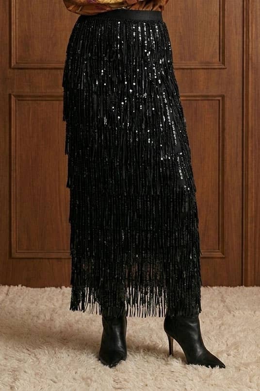 Tiered Sequin Fringe Column Skirt