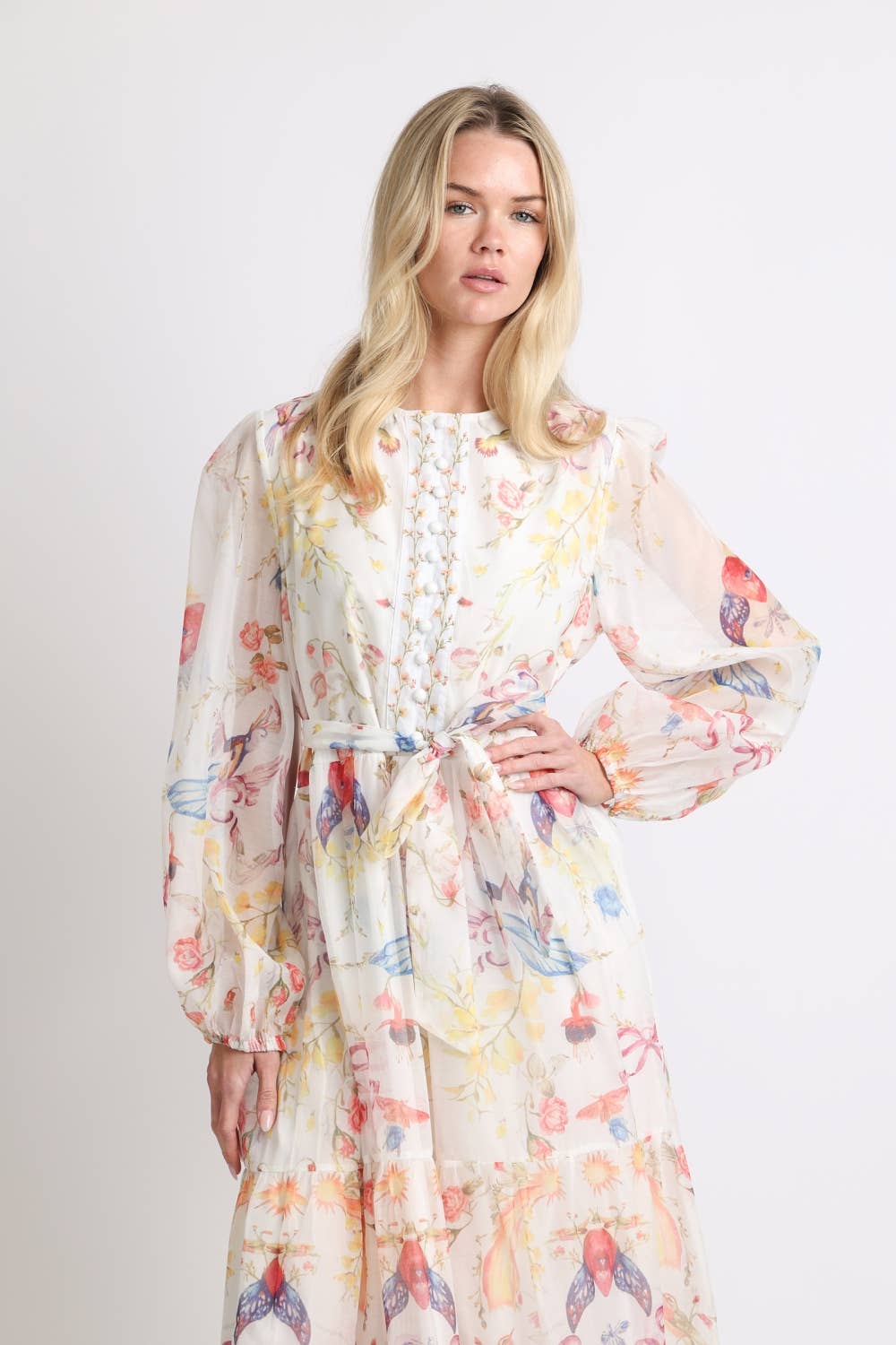 Multicolor Print Sheer Maxi Puff Dress