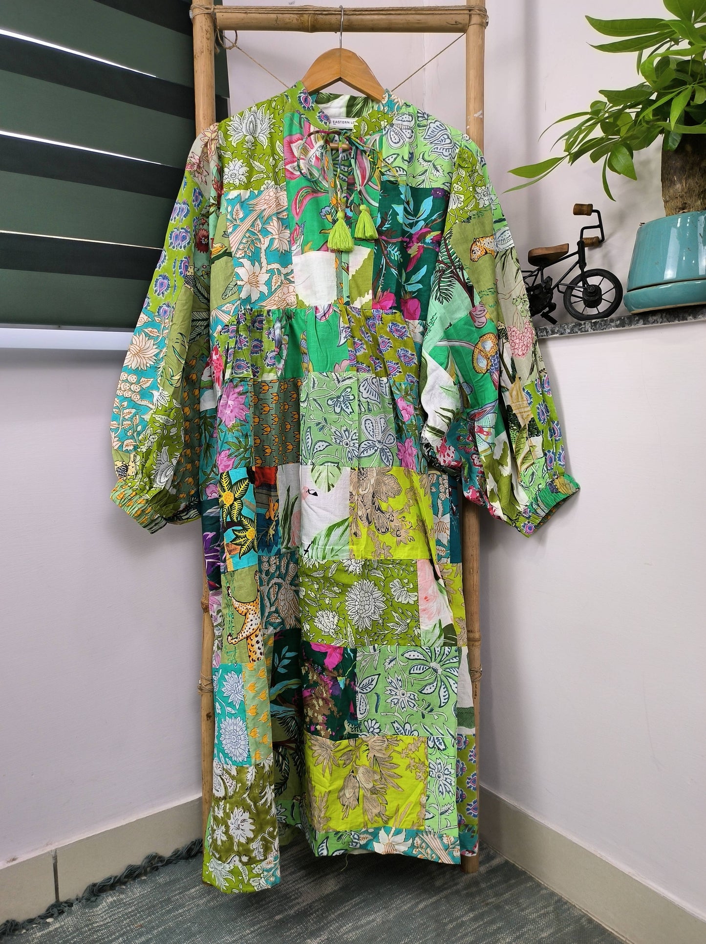 GREEN SHADES - Hand Patchwork Cotton Dress OneSize