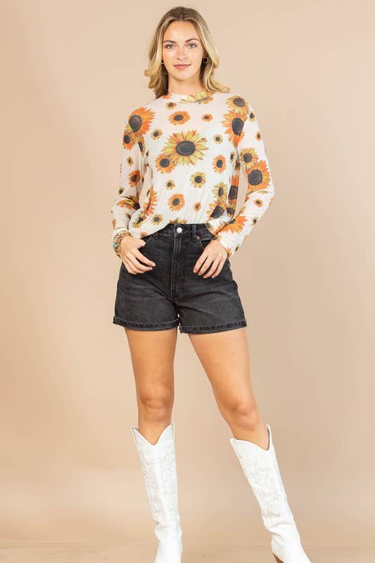 AV1230-MIRANDA SUNFLOWER PRINT SEMI SHEER MESH TOP