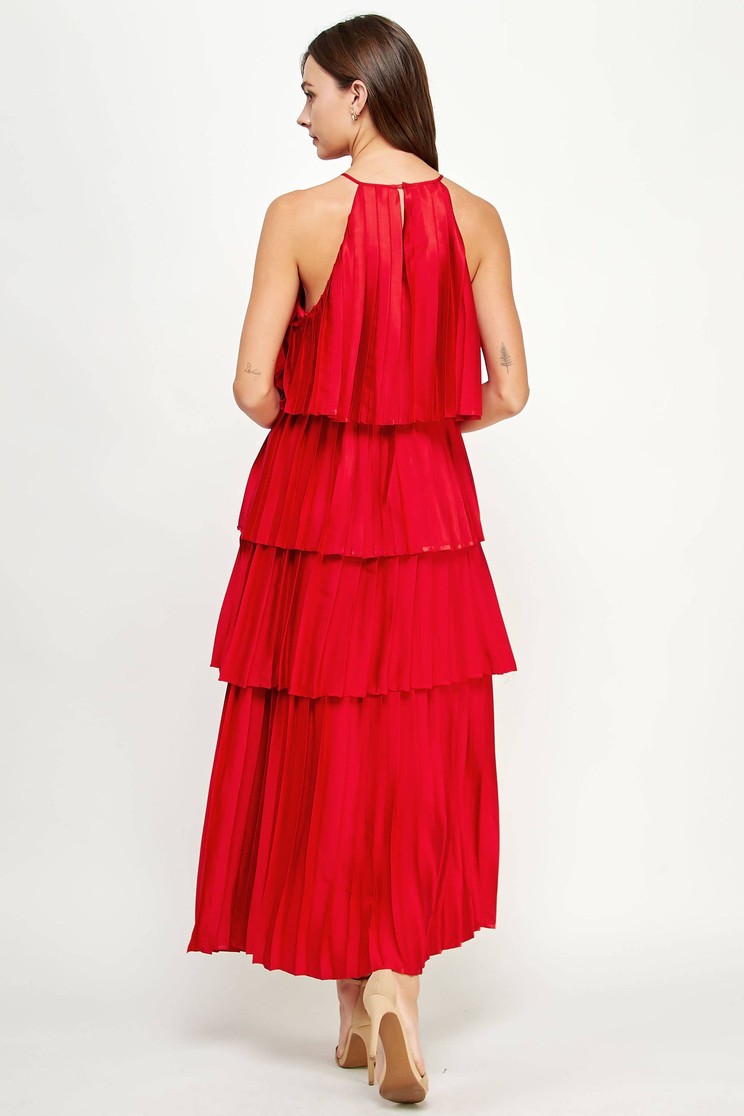 Pleated Satin Tiered Maxi Dress