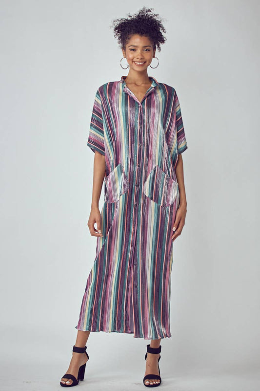 PLEATED METALLIC SOFT DRESS WITH POCKETS