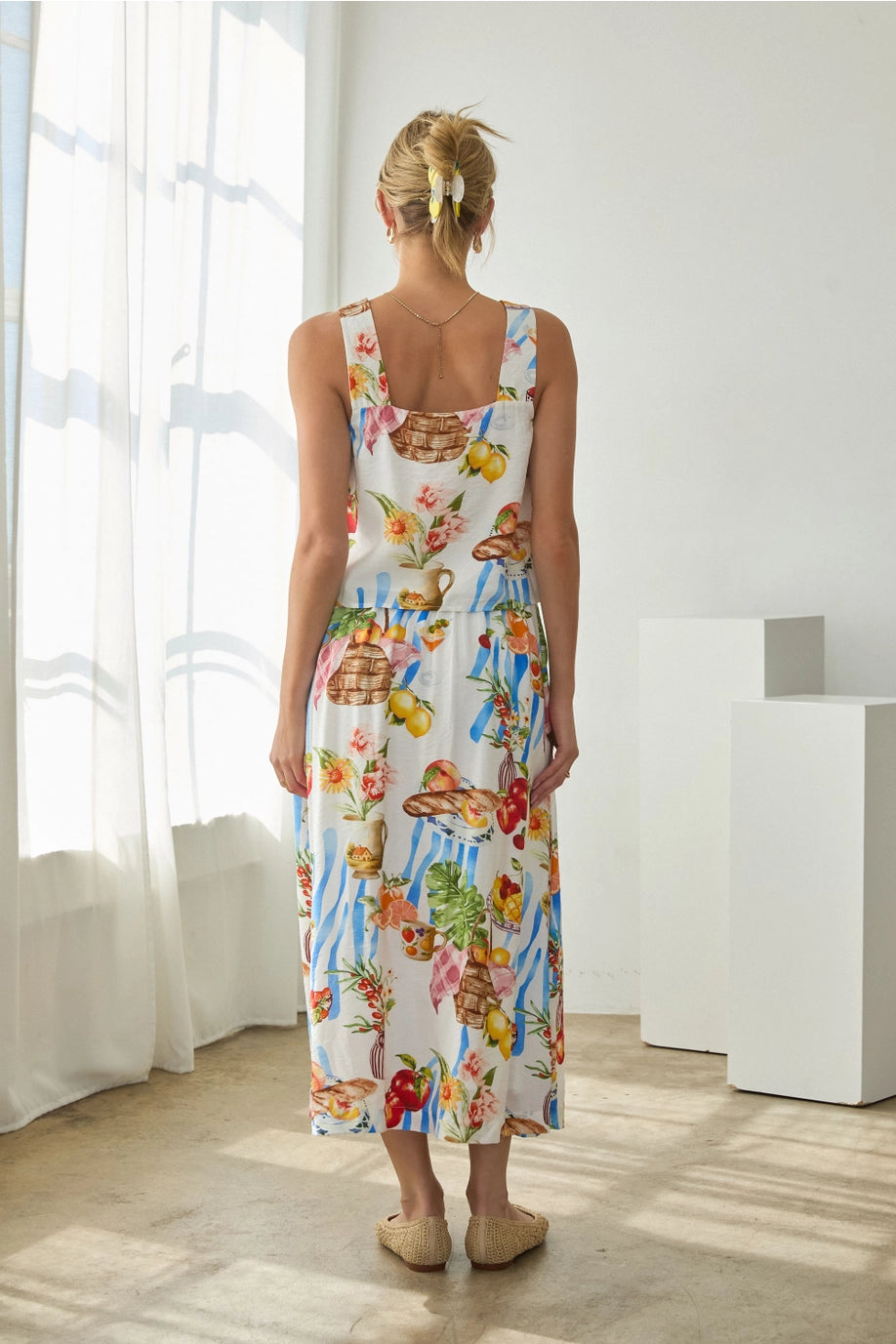 Picnic Button-Front Midi Skirt with Tropical Fruit & Florals