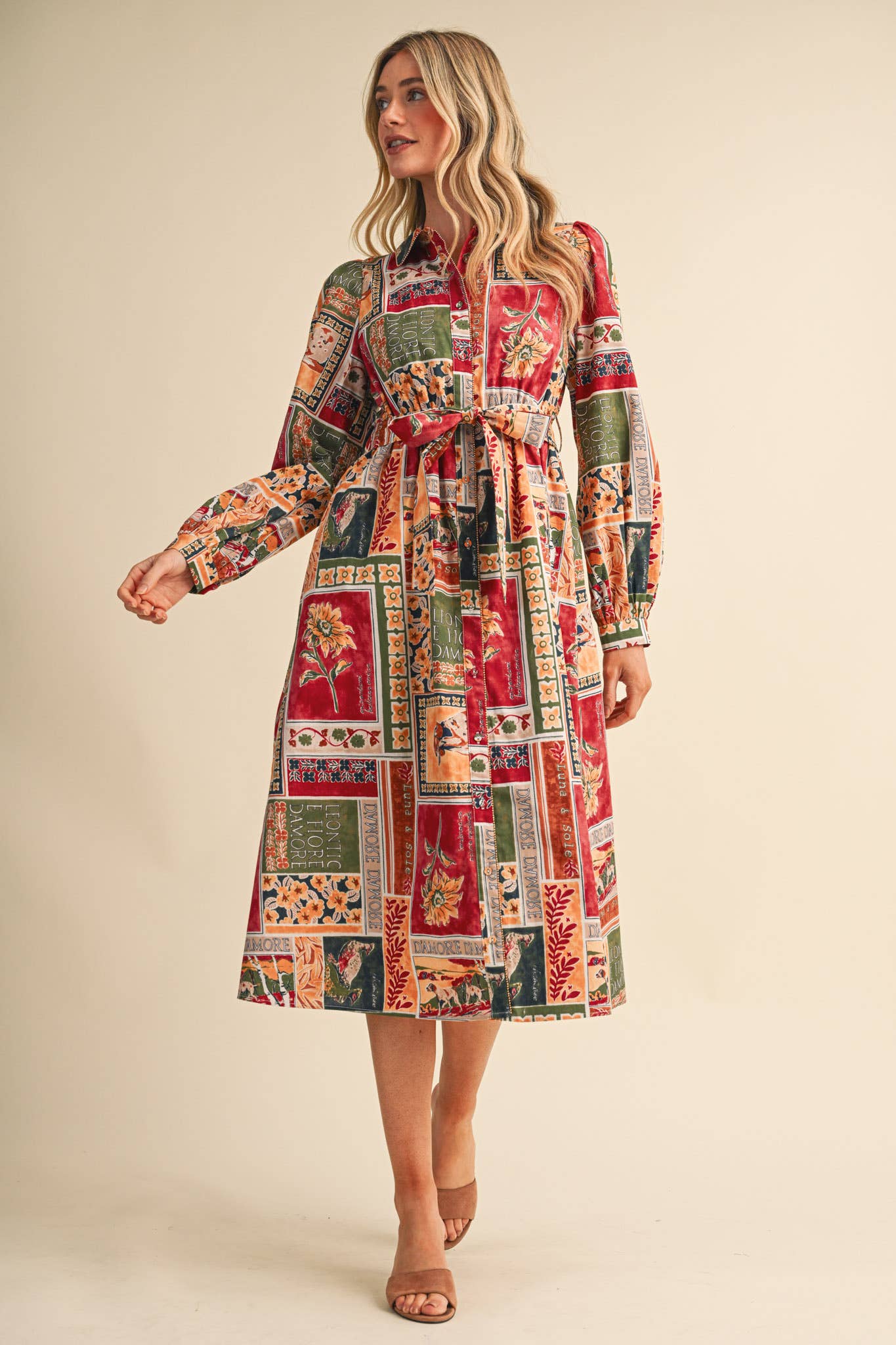 PATCHWORK PRT EMBELLISHED BUTTON DWN BELTED MIDI DRS MDR5359