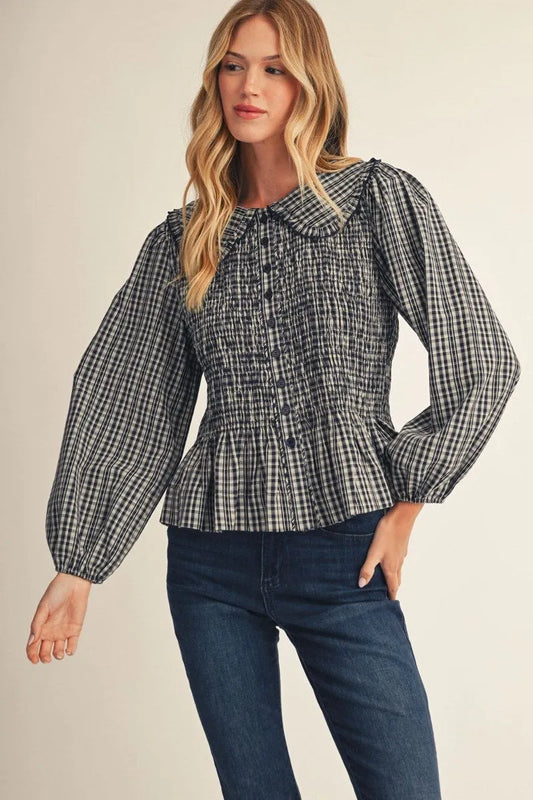 Smocked Bodice Peplum Top with Ruffle Collar