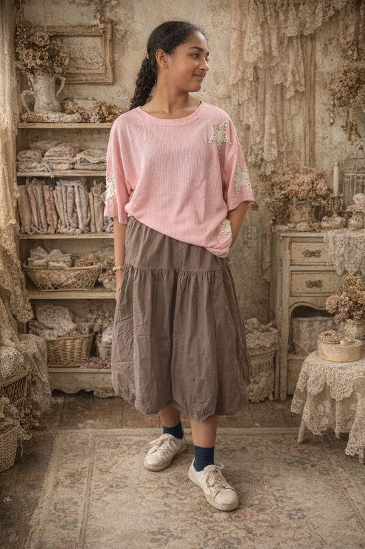 short sleeve pink waffle top with stars