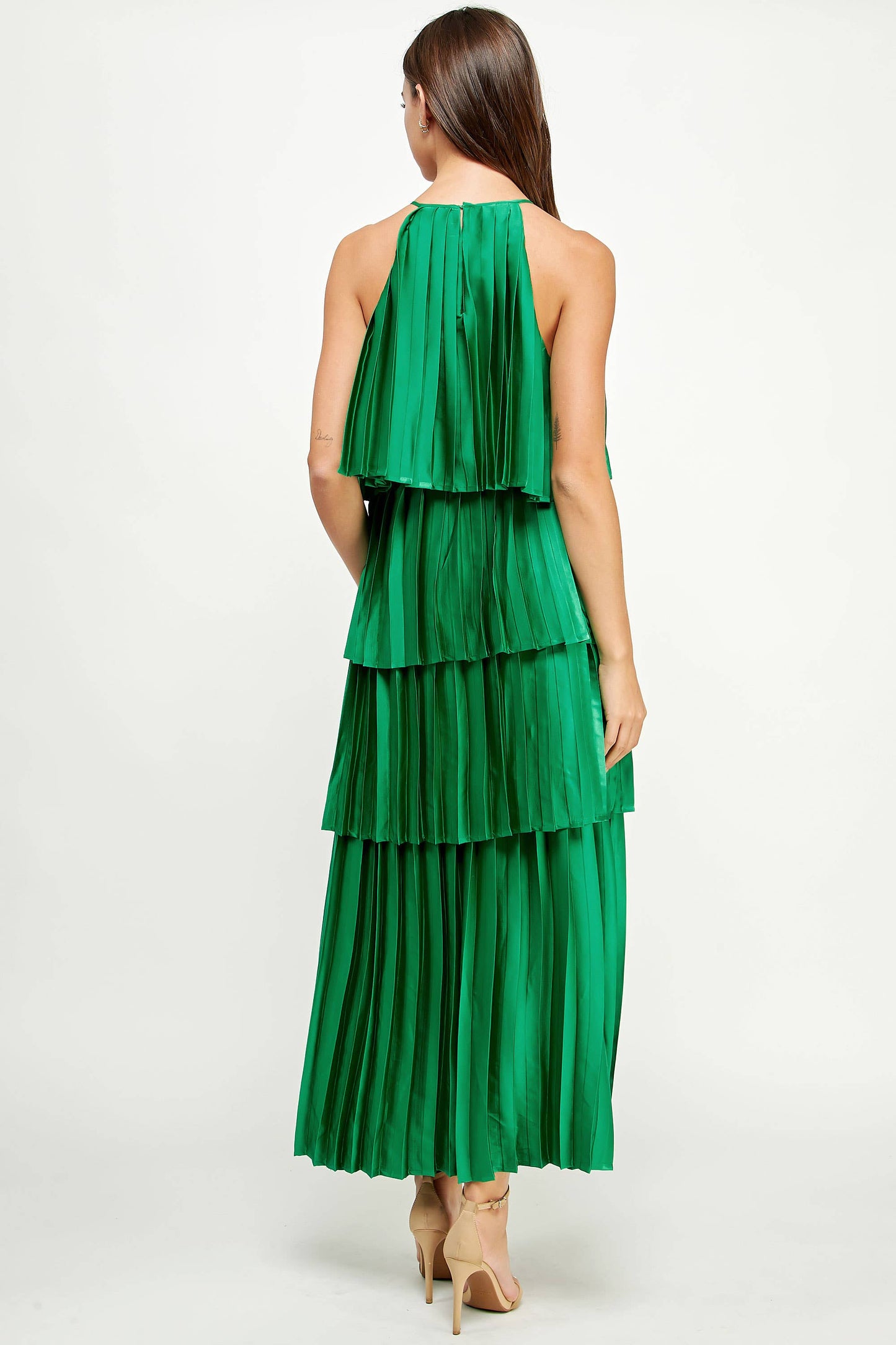 Pleated Satin Tiered Maxi Dress