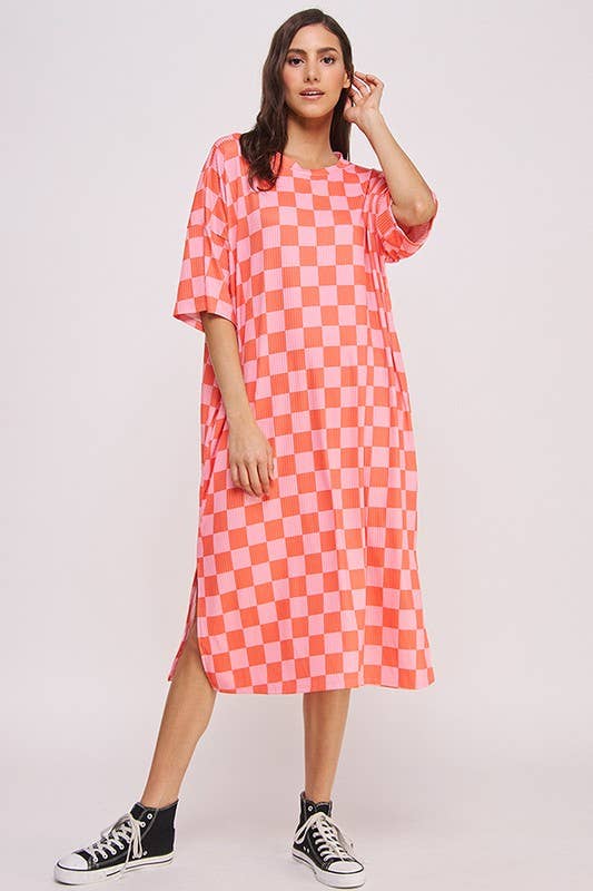 1/2 SLEEVE RIBBED CHECKERBOARD MIDI DRESS