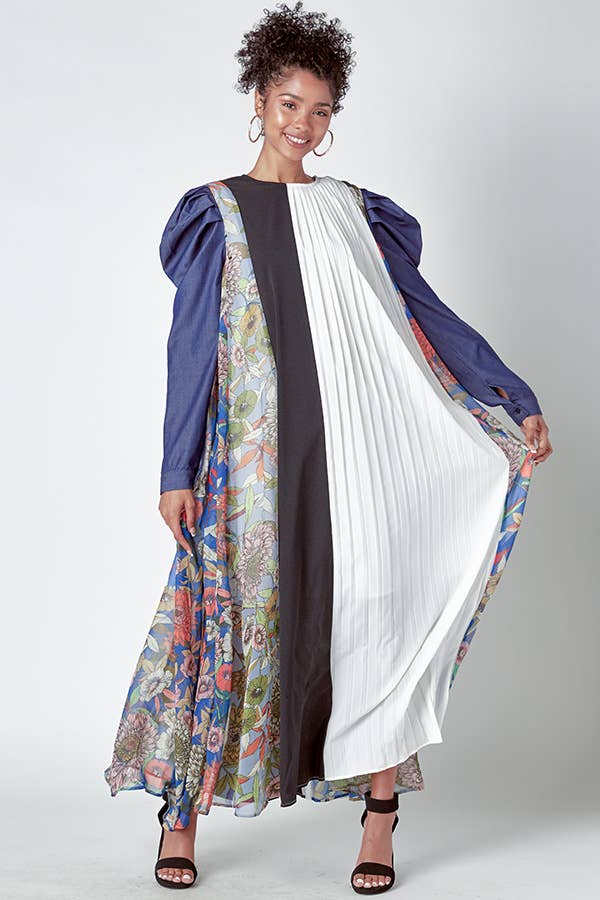 MIXED MATERIAL DRESS WITH PUFFED DENIM SLEEVES