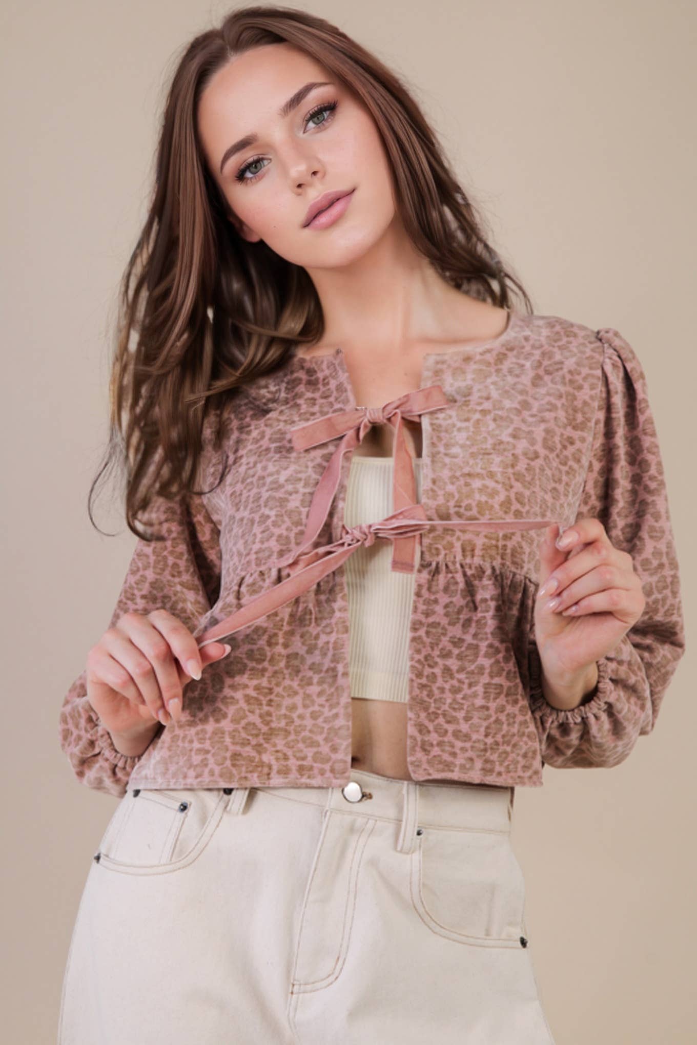 Leopard Printed Front Tie Woven Blouse Top