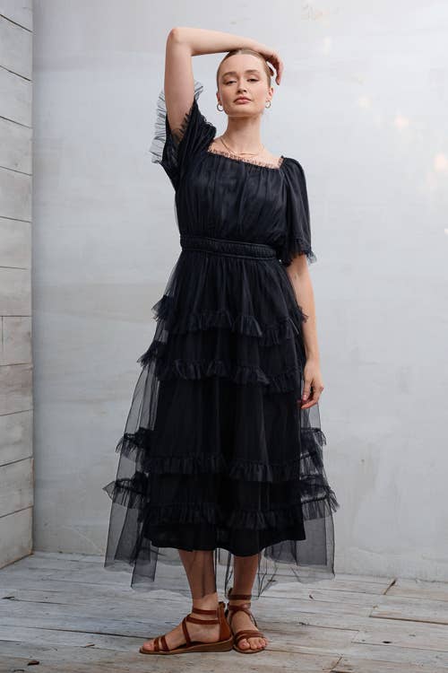 SHORT SLEEVE TULLE TIER MIDI DRESS