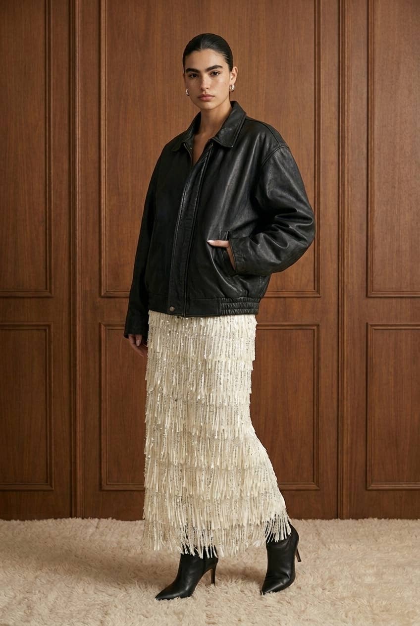 Tiered Sequin Fringe Column Skirt