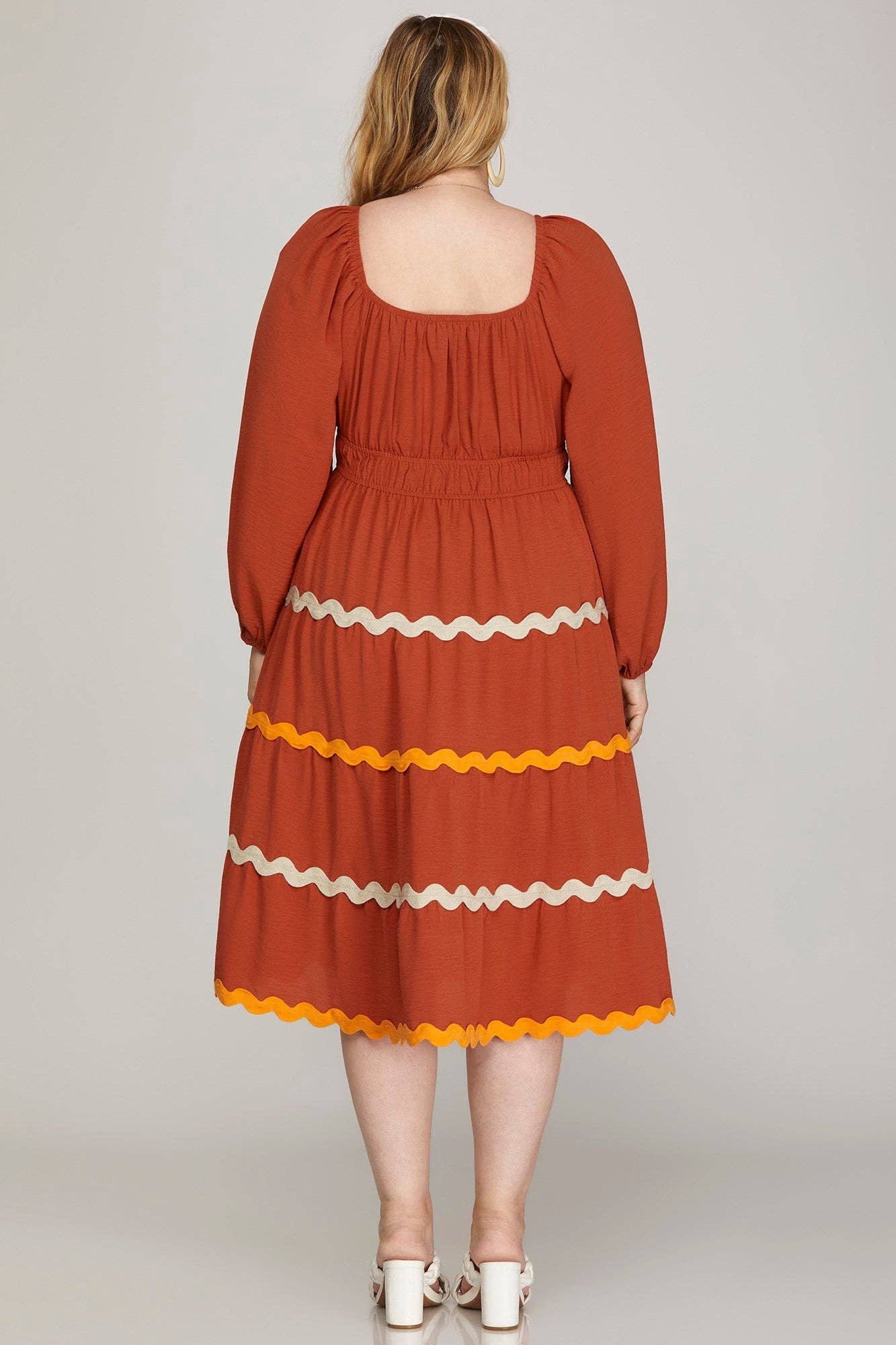 PLUS - LONG SLEEVE WOVEN TIERED RIC RAC TRIM DRESS-SKPSY7180