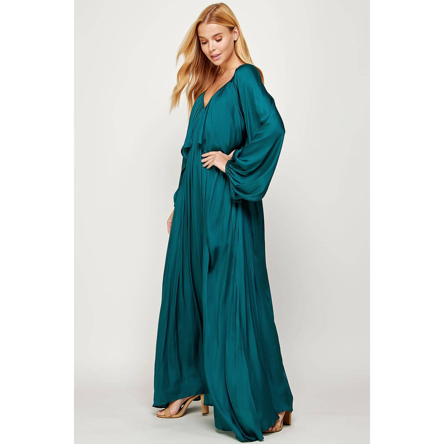 Shirred Satin Balloon Sleeve Maxi Dress
