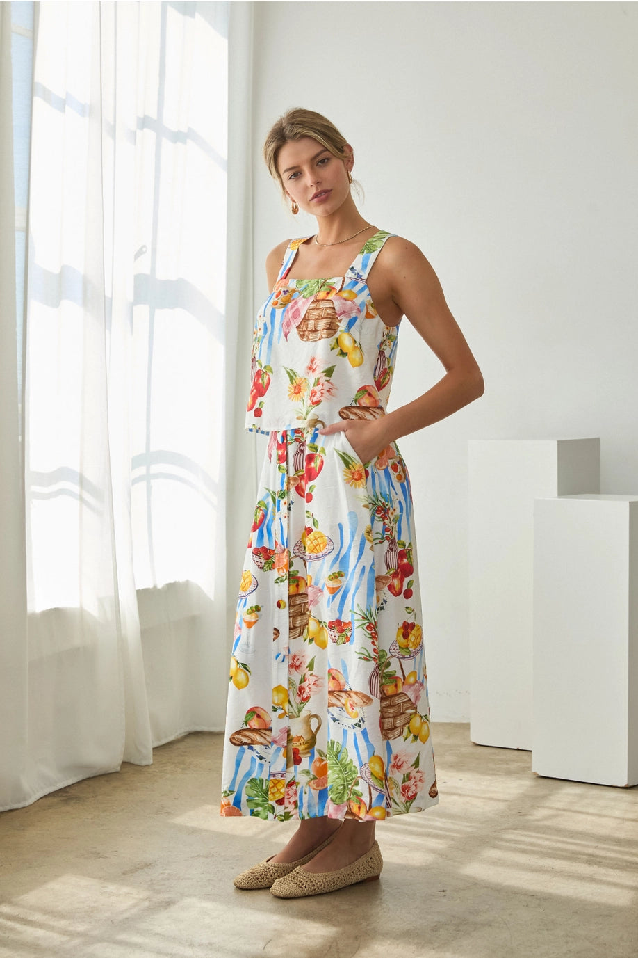 Picnic Button-Front Midi Skirt with Tropical Fruit & Florals
