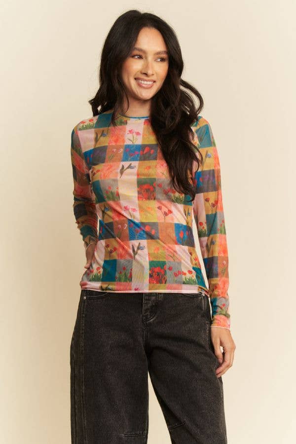 PLUS MULTI CHECKER FLORAL PRINTED MESH TOP
