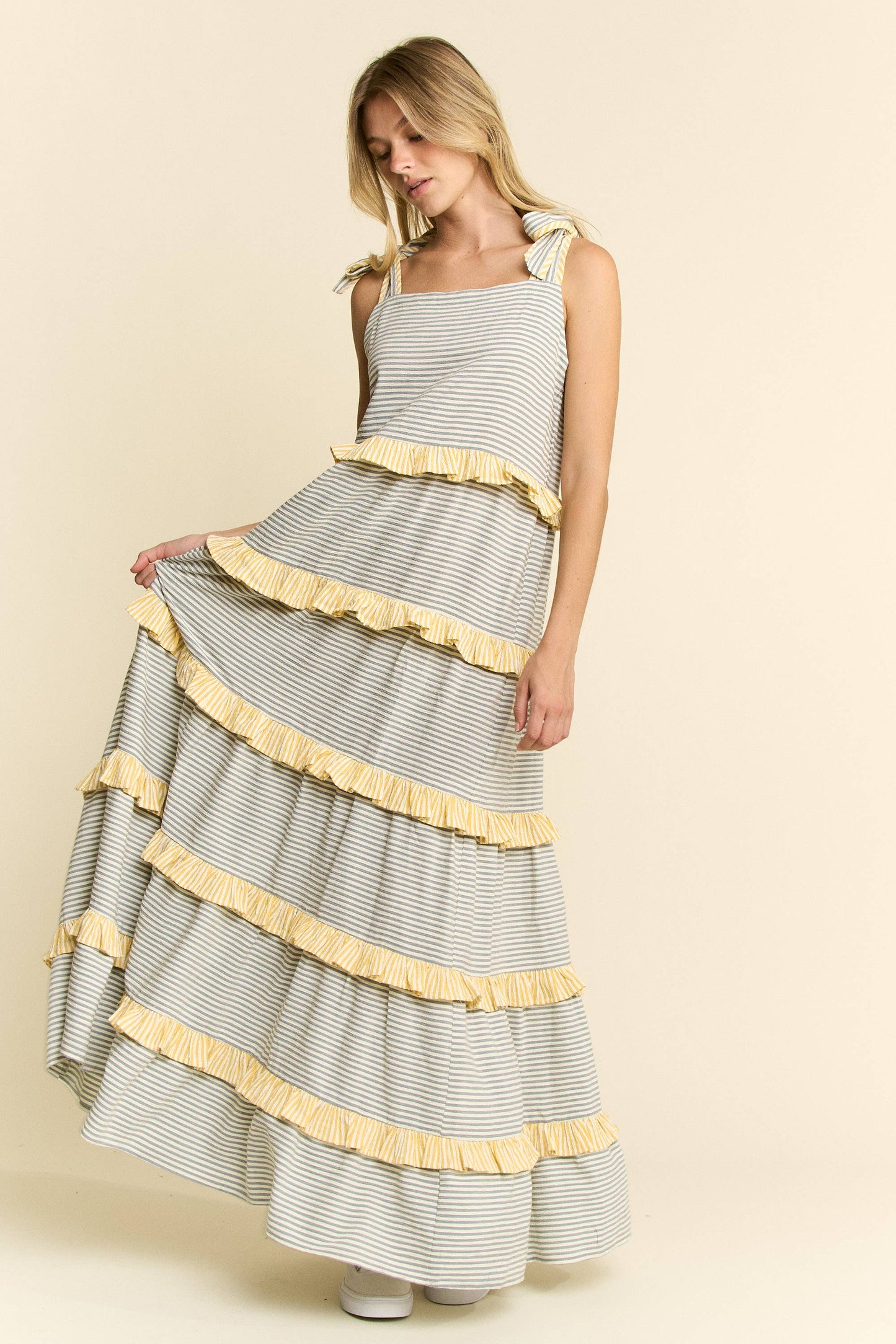STRIPED TWO TONE TIERED MAXI DRESS
