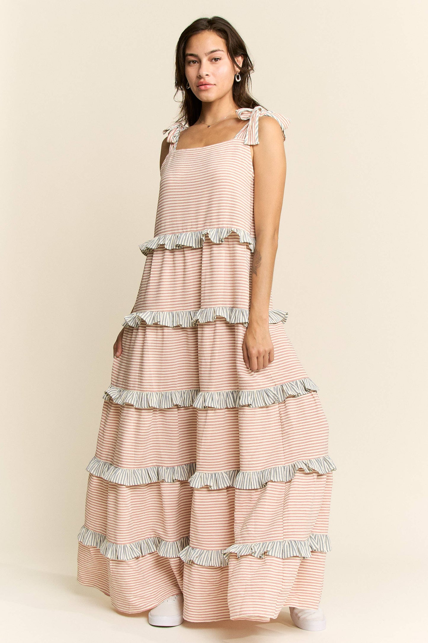 STRIPED TWO TONE TIERED MAXI DRESS