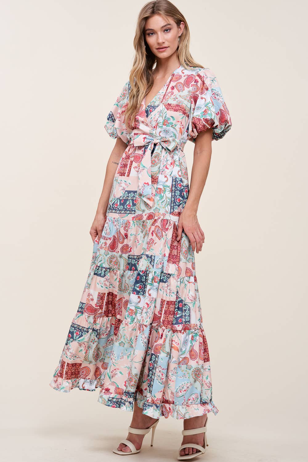 PRINTED V NECK DRESS WITH SELF TIE BOW