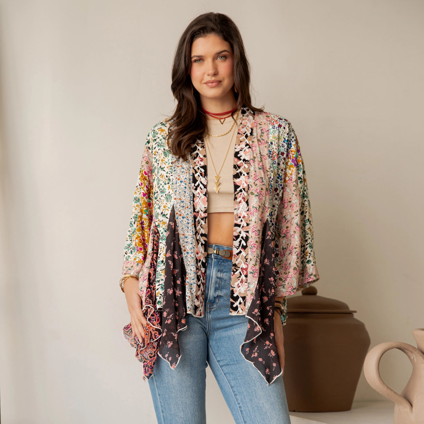 Floral Bohemian-Style Patchwork Kimono