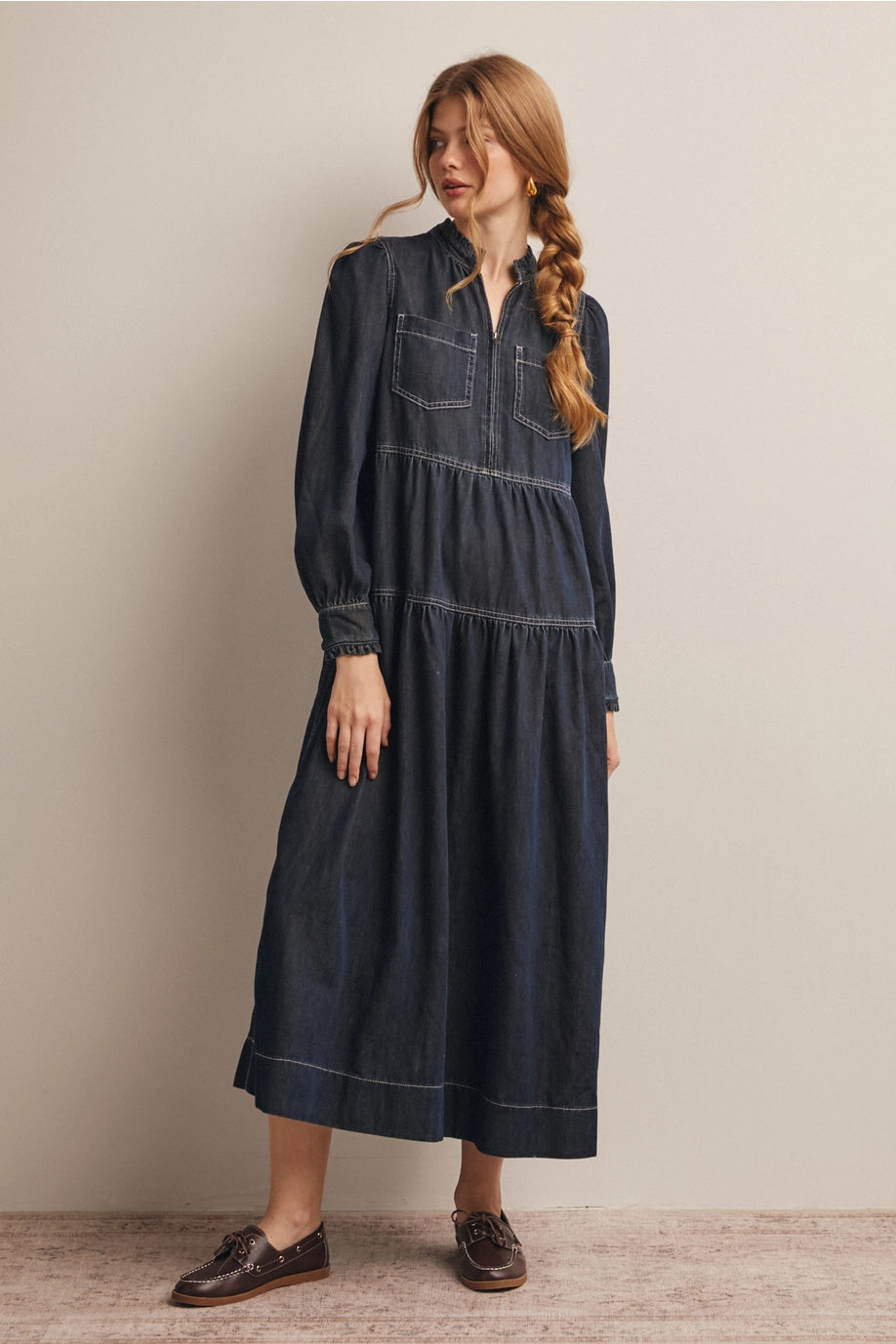 Dark Denim Tiered Zip-Front Maxi Dress