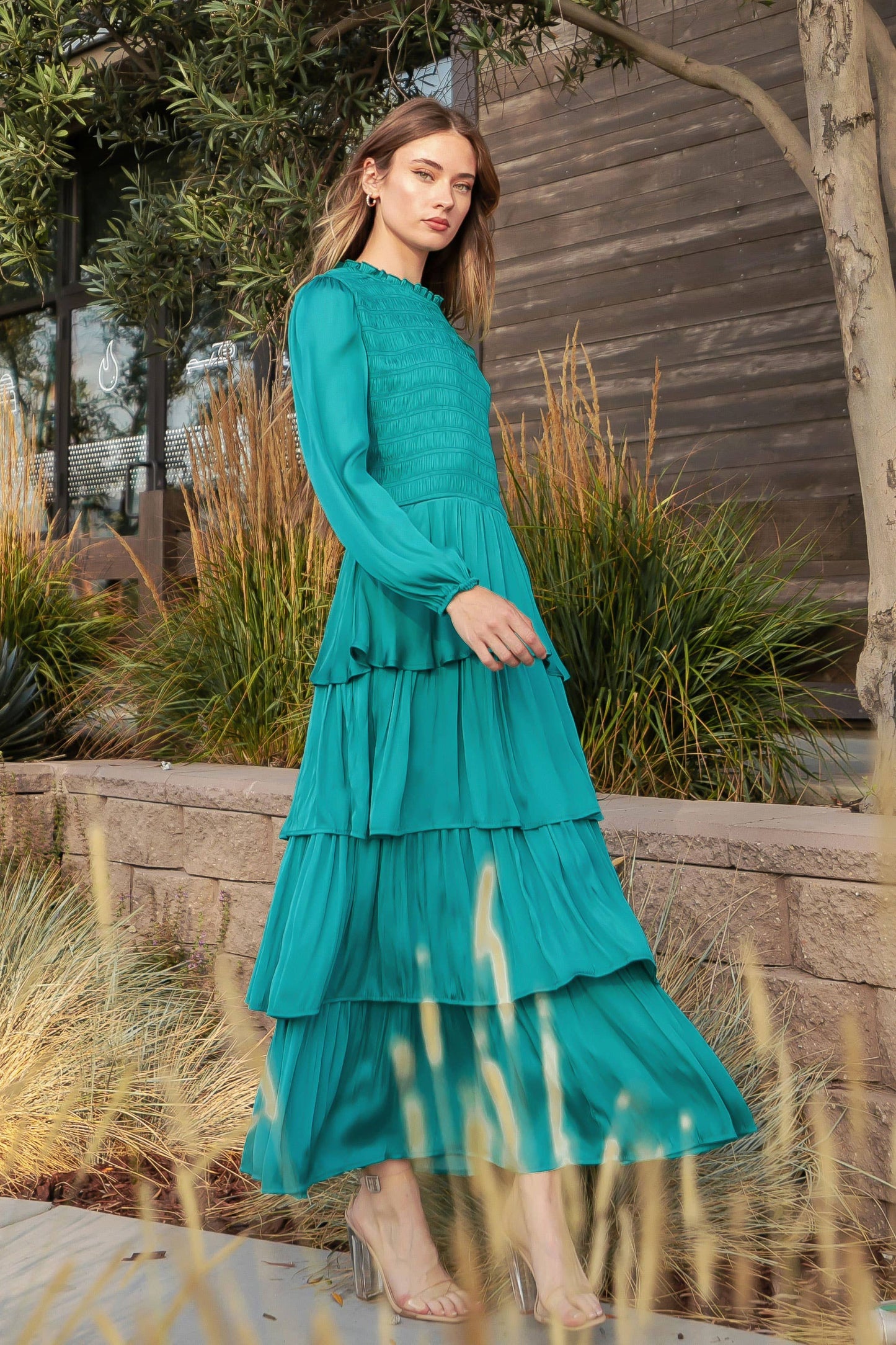 Smocked Detail Satin Tiered Dress