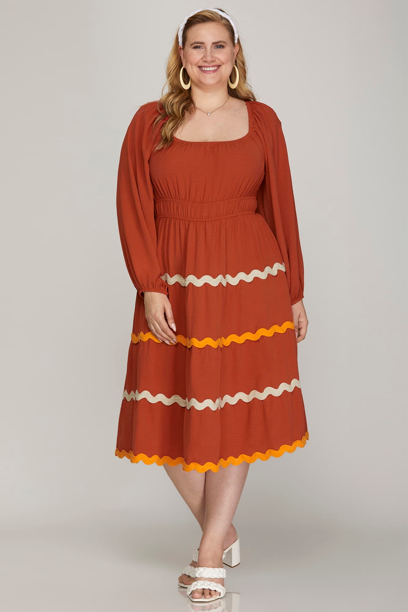 PLUS - LONG SLEEVE WOVEN TIERED RIC RAC TRIM DRESS-SKPSY7180