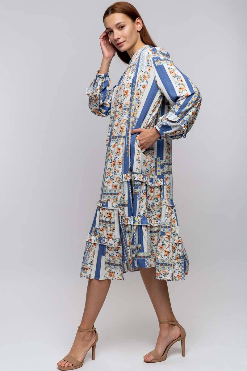 CREW NECK PRINTED DRESS WITH POCKETS