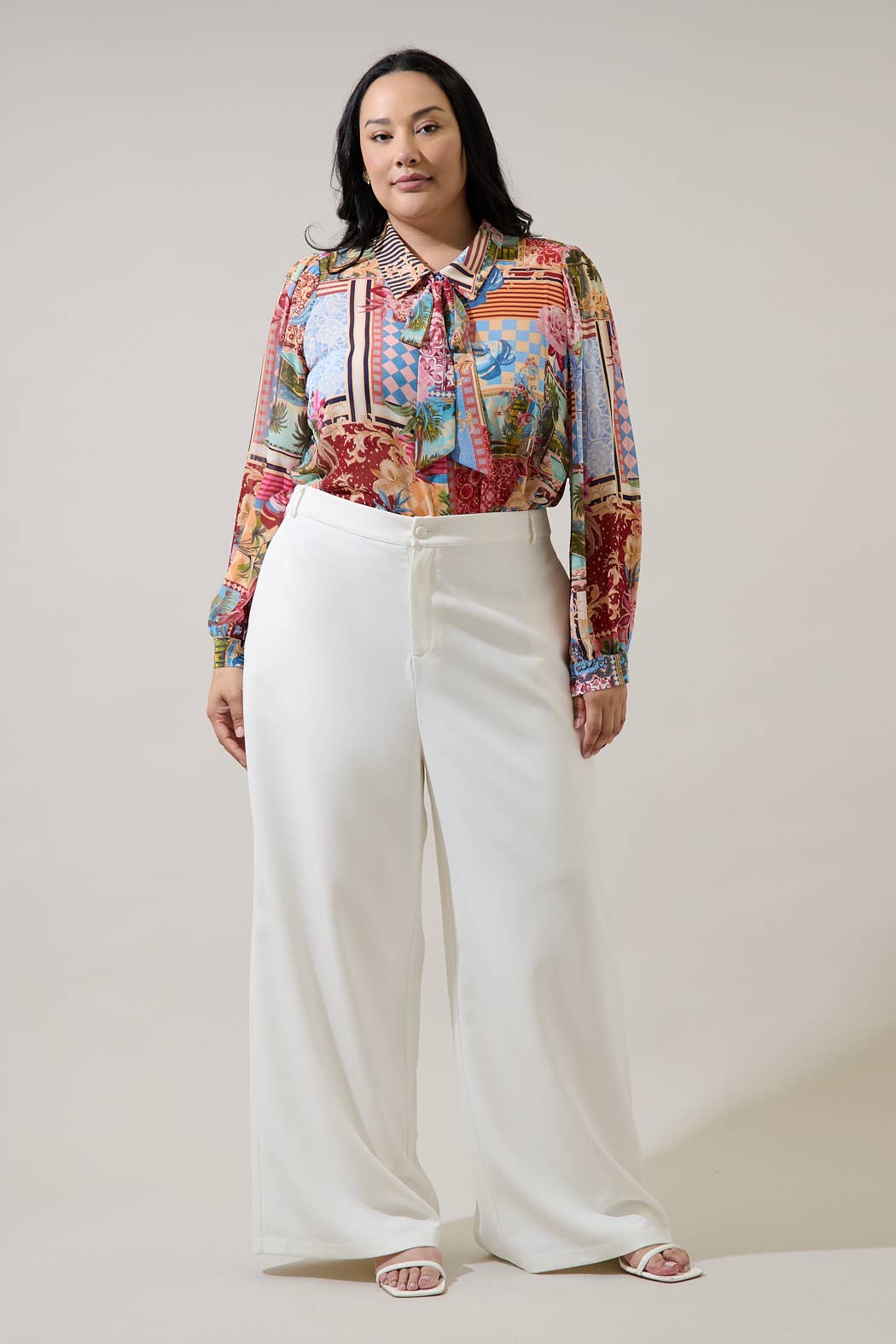Melani Tropical Matra Long Sleeve Collared Blouse Curve