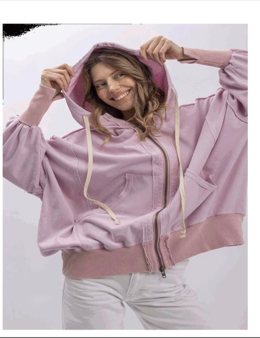 purple hoodie with white strings