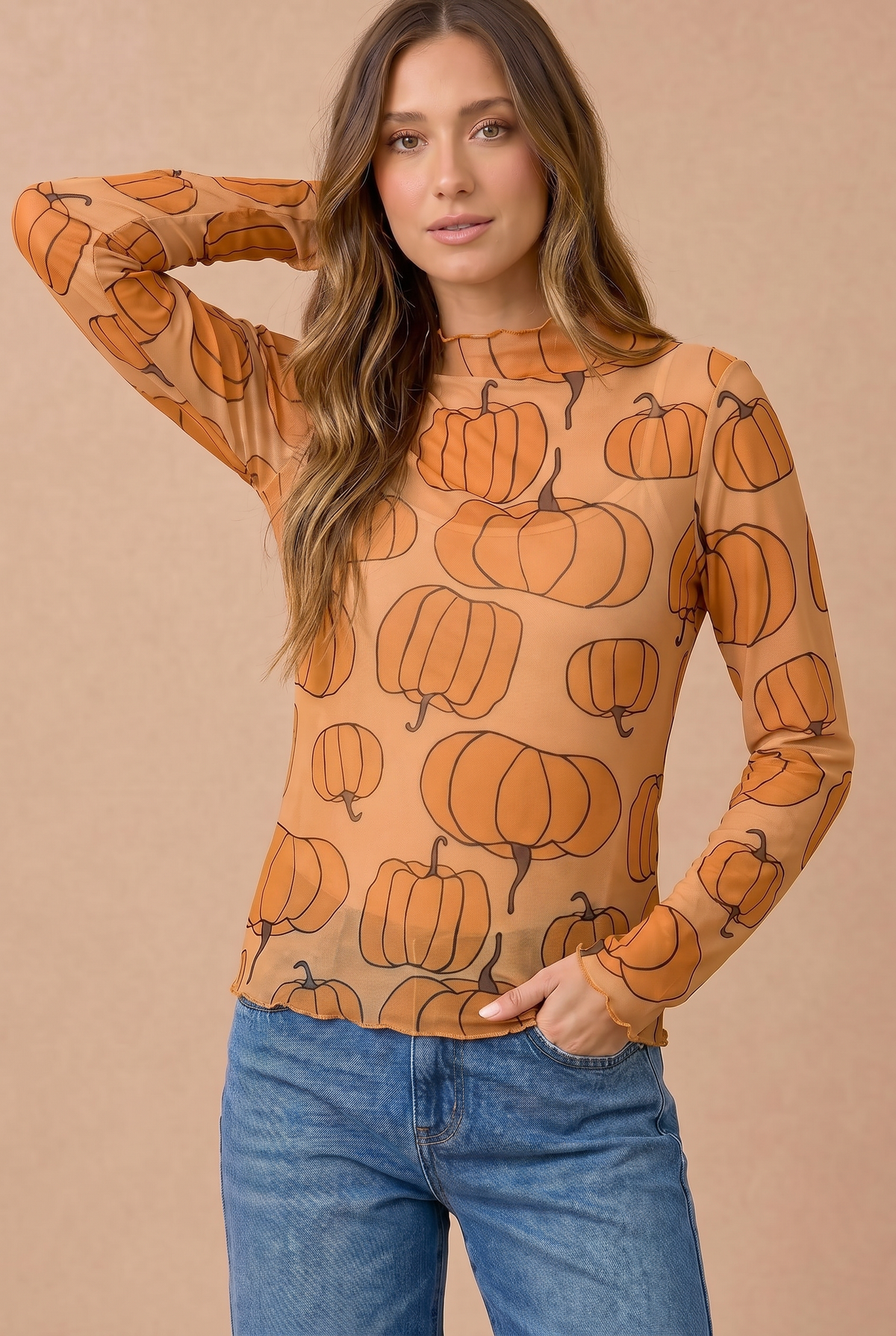 Pumpkin Mesh Sheer Top