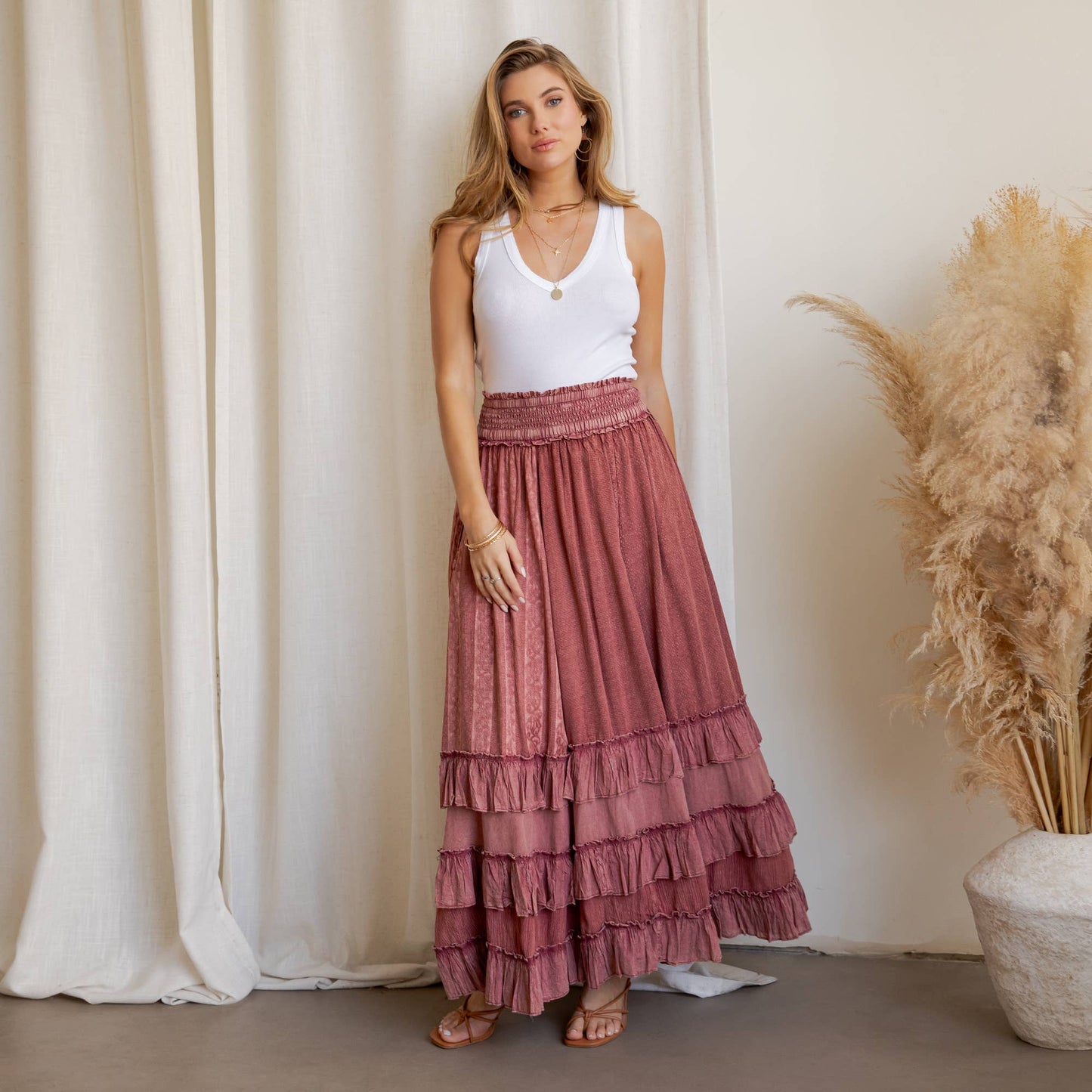 Rustic Smocked Waist Ruffled Tiered Maxi Skirt