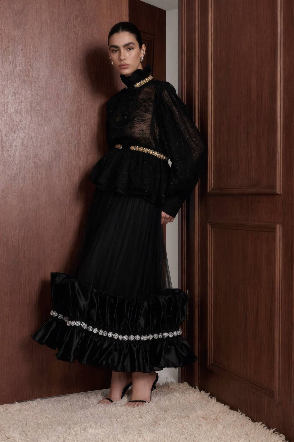 Embellished Ruffle Collar Organza Blouse