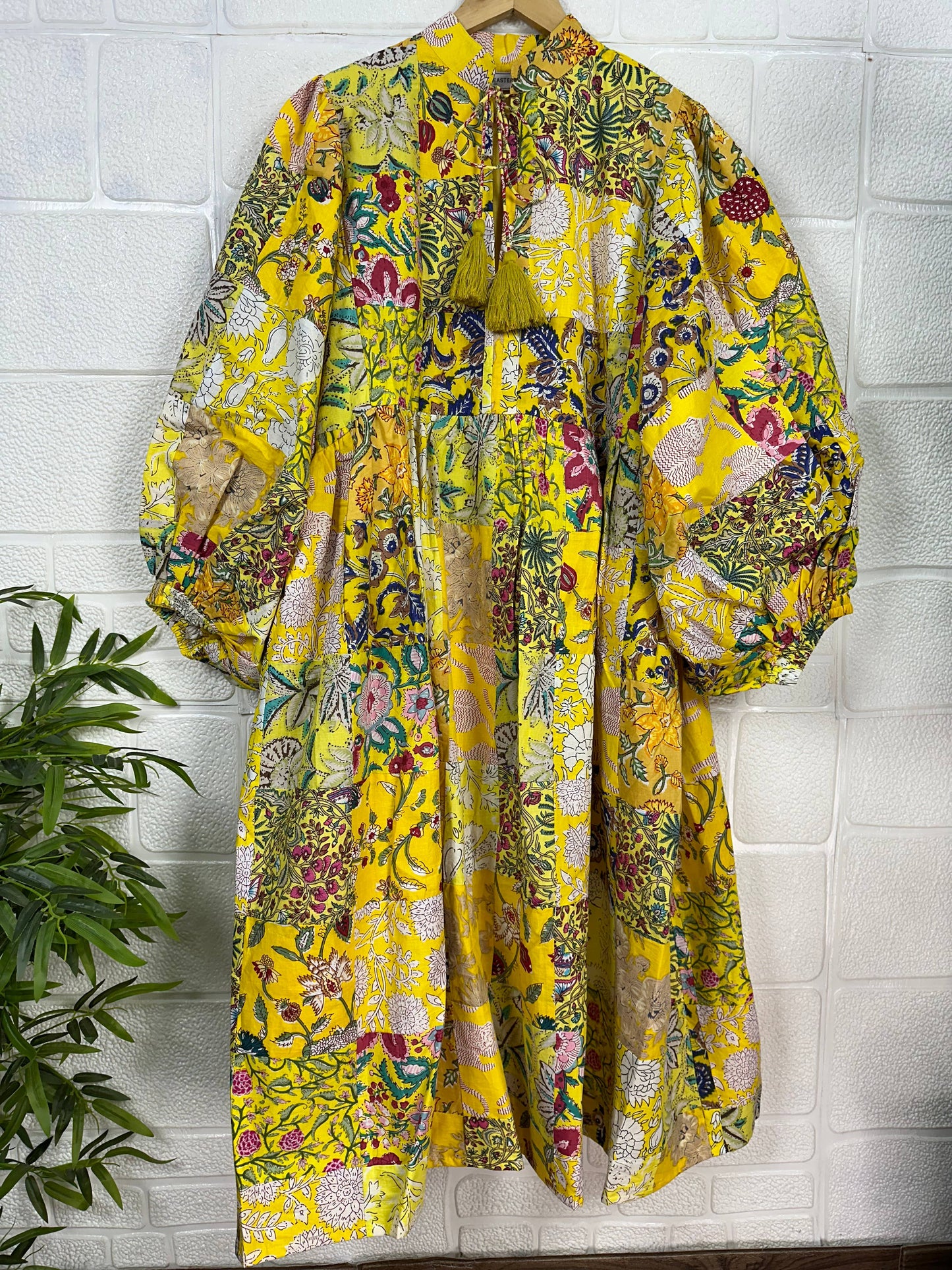 YELLOW SHADES- Hand Patchwork Cotton Dress OneSize