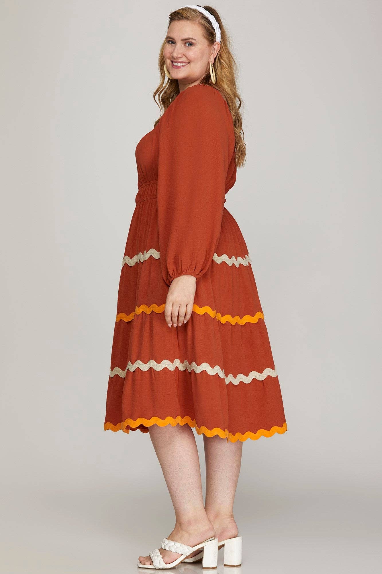 PLUS - LONG SLEEVE WOVEN TIERED RIC RAC TRIM DRESS-SKPSY7180