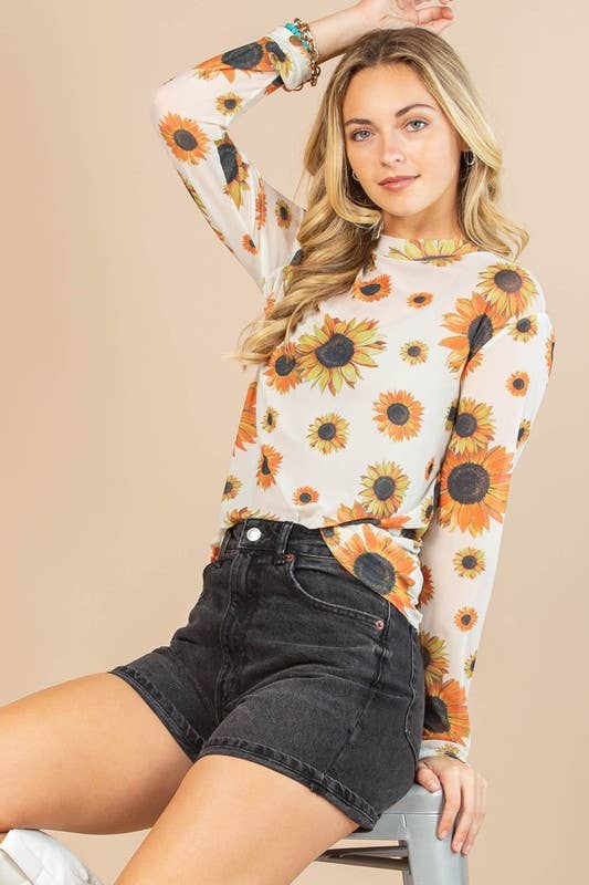 AV1230-MIRANDA SUNFLOWER PRINT SEMI SHEER MESH TOP