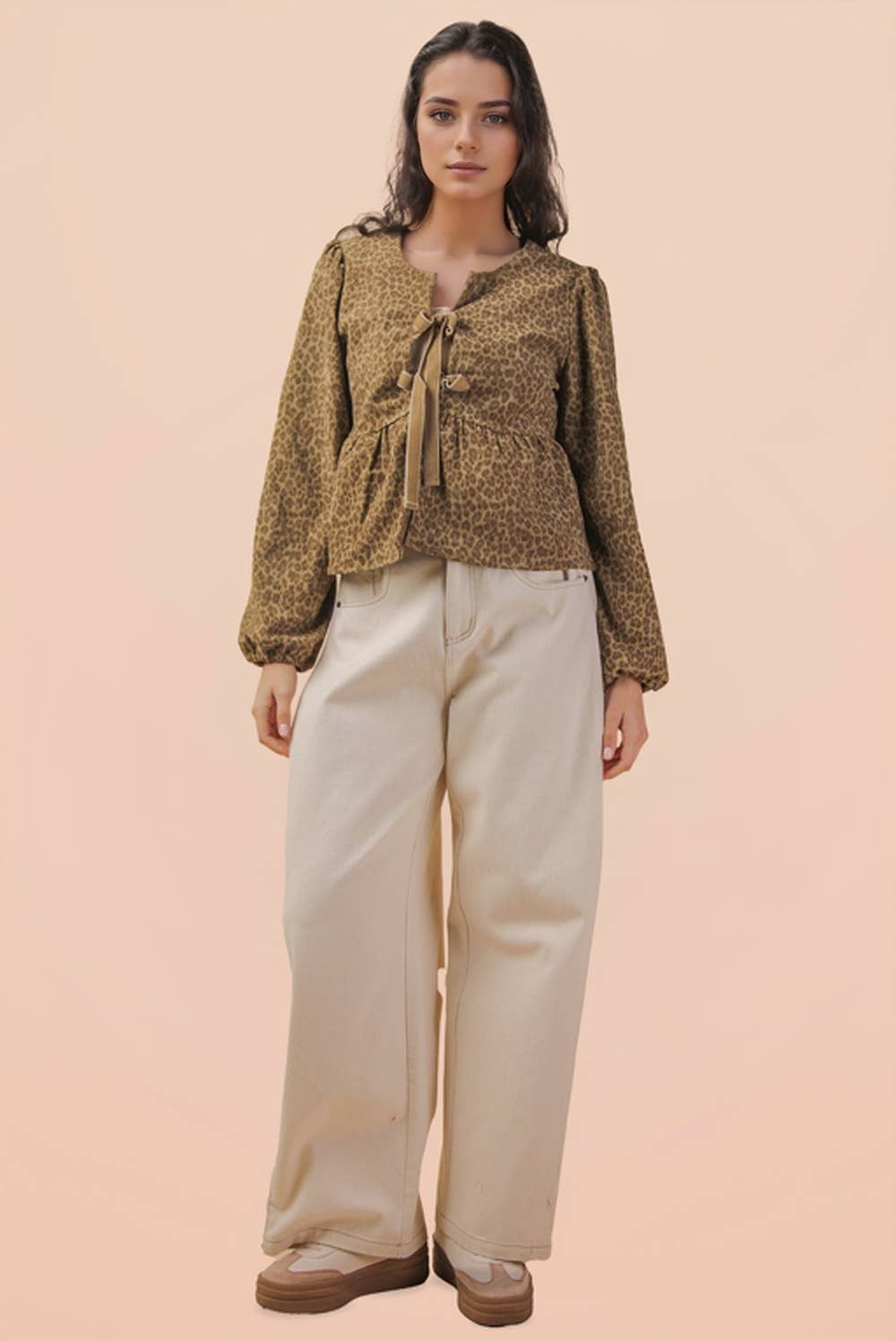 Leopard Printed Front Tie Woven Blouse Top