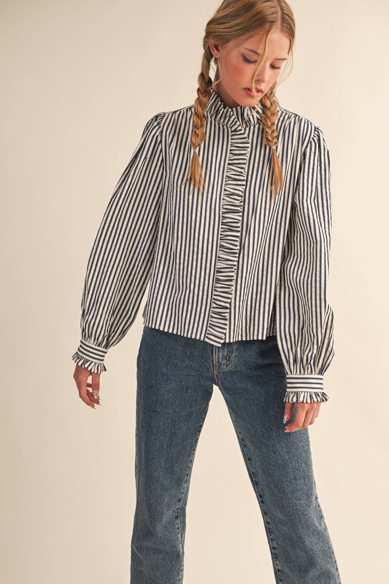 STRIPED RUFFLED BUTTON DOWN LONG SLEEVE TOP MTP4319