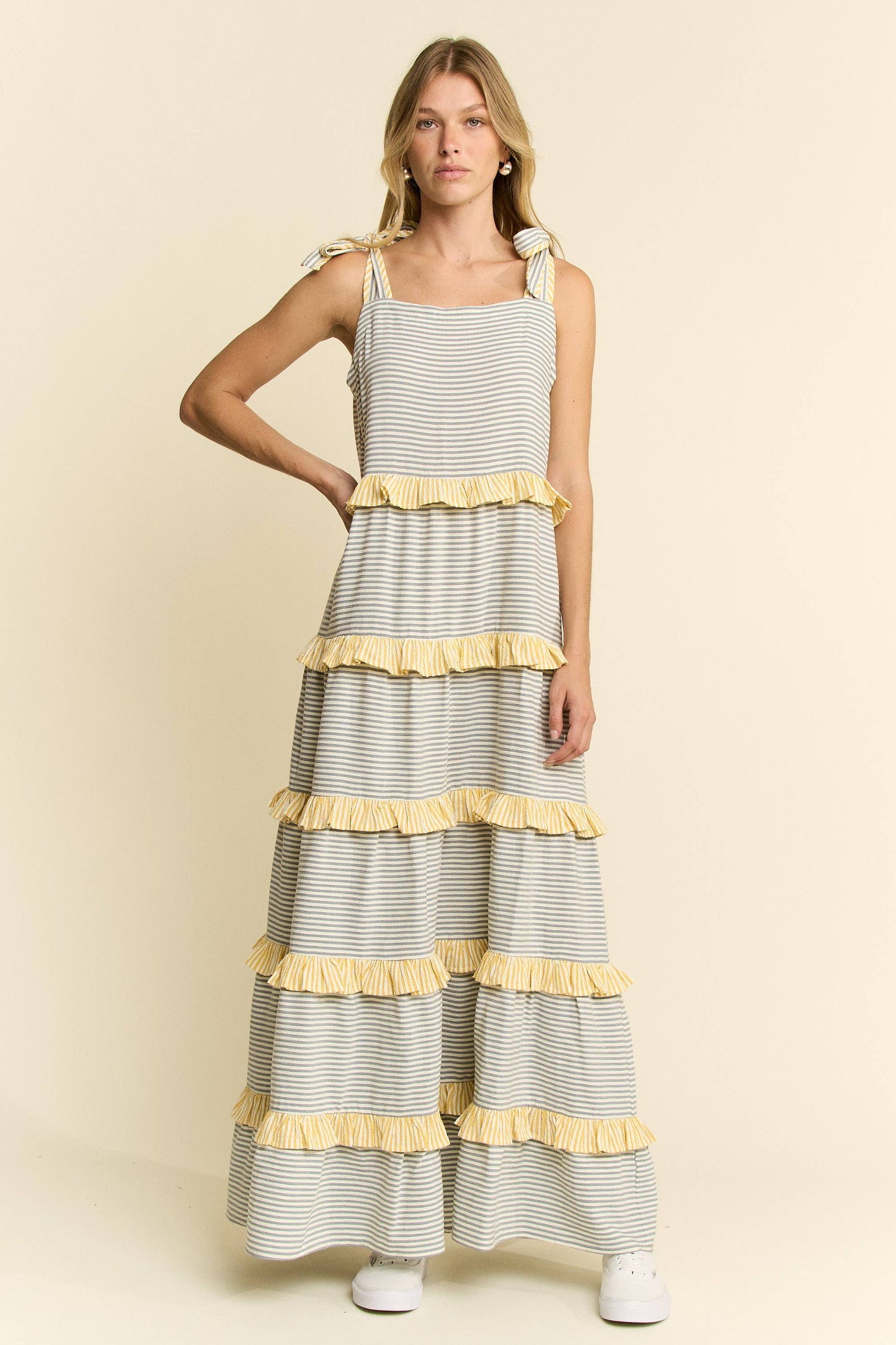 STRIPED TWO TONE TIERED MAXI DRESS