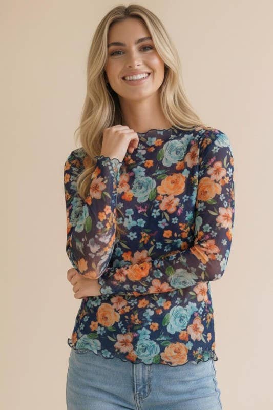 High Neck Sleeve Floral Mesh Top