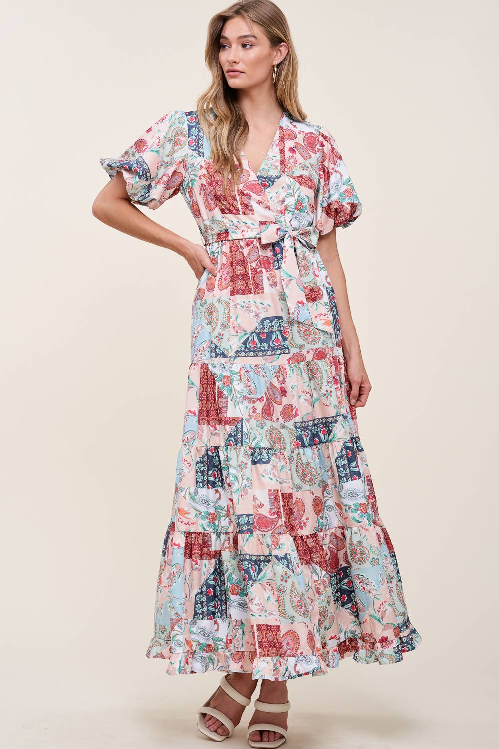 PRINTED V NECK DRESS WITH SELF TIE BOW